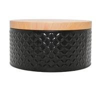 Dekohelden24 Tarro de metal para galletas en color negro, plano, tapa con aspecto de madera y estampado en relieve, tamaño: 10 x 19,5 cm de alto