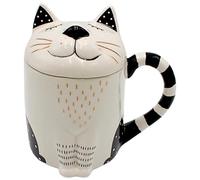 Dekohelden24 Taza de café, diseño de gato con tapa de cerámica, color blanco y negro, tamaño: 14 x 9 cm de diámetro, capacidad aprox. 400 ml