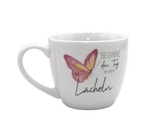 Dekohelden24 Taza de café Maxi XXL de Porcelana, diseño de Empieza el día con una Sonrisa, 9,2 x 10,5 cm (Alto x diámetro), 400 ml, Apto para lavavajillas, Mariposas, 9,2 cm