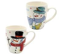 Dekohelden24 Taza de porcelana de Navidad en color blanco, muñecos de nieve con sombrero, juego de 2 unidades, tamaño H/Ø aprox. 10 x 8 cm, capacidad aprox. 300 ml, apta para lavavajillas