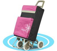 Dekohome Carro de la Compra con 2 Bolsillos Extra, Bolsillo Térmico para Congelados, Bolsillo Trasero con Cremallera, 4 Ruedas Estables, Gran Capacidad de 54L, Carga hasta 40Kg, 39x20x98cm, Rosa