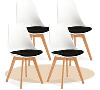 Dekohome Pack de 4 Sillas de Comedor, Sillas de Cocina con Respaldo Ergonómico, Asiento Acolchado Tapizado y Patas de Madera Maciza de Haya, Blanco y Negro