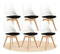 Dekohome Pack de 6 Sillas de Comedor, Sillas de Cocina con Respaldo Ergonómico, Asiento Acolchado Tapizado y Patas de Madera Maciza de Haya, Blanco y Negro