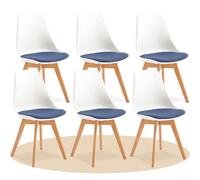 Dekohome Pack de 6 Sillas de Comedor, Sillas de Cocina con Respaldo Ergonómico, Asiento Acolchado Tapizado y Patas de Madera Maciza de Haya, Blanco y Azul Oscuro