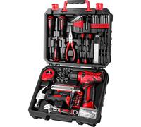 DEKOPRO - Juego de herramientas con taladro inalámbrico rojo de 8 V, kit de herramientas para el hogar con taladro, kits de herramientas manuales para mujeres, 126 piezas