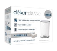 Dekor Recargas clásicas para cubos de pañales, 4 unidades, sistema de recarga más económico, rápido y fácil de reemplazar, sin tamaño de bolsa preestablecido, utiliza solo lo que necesitas, marcado