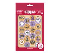 dekora - 20 Mini Discos Comestibles de decoración para Halloween - Decoración para Tartas, Cupcakes, Galletas y Postres - Ojos, Calaveras, Calabazas y Fantasmas, Adornos de Oblea 100% Comestibles