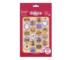 dekora - 20 Mini Discos Comestibles de decoración para Halloween - Decoración para Tartas, Cupcakes, Galletas y Postres - Ojos, Calaveras, Calabazas y Fantasmas, Adornos de Oblea 100% Comestibles