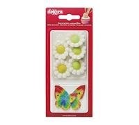 Dekora - Caja de 5 Flores de Azucar Blancas y 4 Mariposas de Oblea Multicolor - Figuras Comestibles para Tartas - Decoracion Tarta Cumpleaños de Azúcar