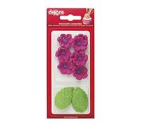Dekora - Caja de 8 Flores de Azucar Fucsia y 5 Hojas Verdes - Figuras Comestibles para Tartas - Decoracion Tarta Cumpleaños de Azúcar