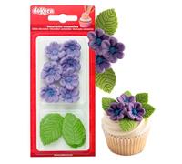 Dekora - Caja de 8 Flores de Azucar Violetas y 5 Hojas Verdes - Figuras Comestibles para Tartas - Decoracion Tarta Cumpleaños de Azúcar