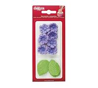 Dekora - Caja de 8 Flores de Azucar Violetas y 5 Hojas Verdes - Figuras Comestibles para Tartas - Decoracion Tarta Cumpleaños de Azúcar