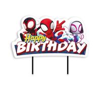 dekora - Cake Topper Spidey Happy Birthday 17,5 × 15 cm - Decoración para tarta infantil Marvel oficial, topper de papel plastificado con palillos aptos para alimentos