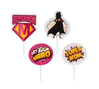 dekora - Cake toppers de papel Día de la Madre para decorar tartas y cupcakes 10 cm, pack 8 unidades (4 diseños) estilo superhéroe “Supermom/My Hero”