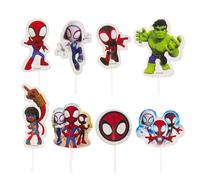 dekora - Cake Toppers Spidey 16 unidades (8 diseños diferentes) - Decoraciones para cupcakes y tartas Marvel oficiales, toppers de papel plastificado con palillos aptos para alimentos