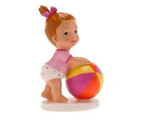 dekora- Figura de Decoracion Bautizo Niña, Bebé con pelota, 11 cm, Elaborada en Resina, Adorno para Tartas de Bautizo y Baby Shower Diseño Original y Detallado Apto para Contacto Alimentario