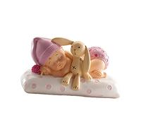 dekora- Figura de Decoracion Bautizo Niña, Bebé con peluche, 10 cm, Elaborada en Resina, Adorno para Tartas de Bautizo y Baby Shower Diseño Original y Detallado Apto para Contacto Alimentario