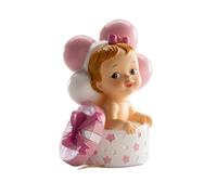 dekora- Figura de Decoracion Bautizo Niña, Bebé en caja de regalos, 10,5 cm, Elaborada en Resina, Adorno para Tartas de Bautizo y Baby Shower Diseño Original y Detallado Apto para Contacto Alimentario