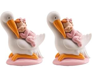 dekora - Figura de Decoracion Bautizo Niña, Cigüeña con Bebé Dormido 10 cm, Cake Topper y Decoración de Tartas de Bautizo (Paquete de 2)