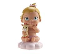 dekora- Figura de Decoracion Bautizo Niña con peluche, 10,5 cm, Elaborada en Resina, Adorno para Tartas de Bautizo y Baby Shower Diseño Original y Detallado Apto para Contacto Alimentario
