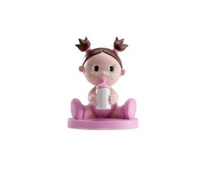 Dekora - Figura de Decoracion Bautizo niña y Nacimiento 10 cm - Muñeca Bebe Niña con Coletas y Biberon, Adorno para Tartas de Bautizo y Baby Shower, Cake Topper Resistente y Apto para Alimentos