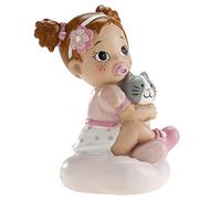 dekora - Figura de Resina para Tarta de Bautizo 10 cm, Decoración de Pastel para Baby Shower y Bautizo para niña, Bebé con gato, Cake Topper resistente y bonito