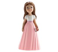 dekora - Figura Decorativa para Primera comunión Niña con Falda Rosa - 16 cm - Elaborada en Resina - Muñeca de comunión para tarta - Diseño Original y Detallado - Apta para Contacto Alimentario