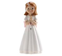 dekora - Figura Decorativa para Primera comunión Niña con Rosario y Lazo Rosa - 16 cm Elaborada en Resina - Muñeca de comunión para tarta - Diseño Original y Detallado - Apta para Contacto Alimentario