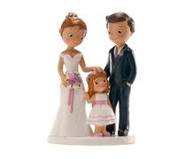 dekora - Figura Novios con niña para tarta de Boda - Adorno de Resina - 16 cm de alto - Muñecos para tarta de boda y Aniversario, 16 cm de alto - Diseño Original y Detallado
