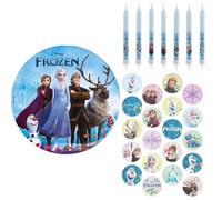 dekora, Kit Tarta Frozen Disco de Oblea, Velas y Mini discos para Cupcakes, Decoración para Tarta de Cumpleaños Infantil de Elsa & Anna, Ideal para Fiestas Temáticas