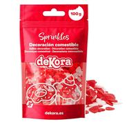 dekora - Sprinkles de Azúcar en Forma de Corazón Rojo y Blanco, Decoración Comestible para Tartas, Cupcakes y Galletas - Ideal San Valentín y Día de los Enamorados - 100 g