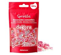 dekora - Sprinkles de Azúcar en Forma de Corazón Rosa y Blanco, Decoración Comestible con Colorantes Naturales - Sin Gluten y Sin Lactosa - Ideal San Valentín - 100 g