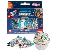 dekora - Sprinkles de azúcar para repostería, Mix “Viaje espacial, Decoracion para tartas de cumpleaños infantiles, (3 unidades) Adornos comestibles para tartas, cupcakes, y galletas, Sin gluten 70g