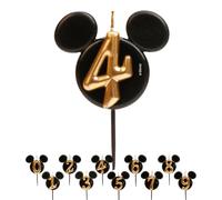 dekora - Vela de Cumpleaños de Mickey Mouse - Velas de Disney - Cera de Parafina sin Fragancia - Velas para Niños con Orejas de Mickey Mouse Negro y Dorado - Tamaño 8,5 cm - Número 4