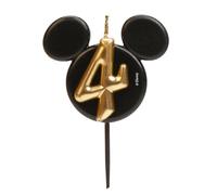 dekora - Vela de Cumpleaños de Mickey Mouse - Velas de Disney - Cera de Parafina sin Fragancia - Velas para Niños con Orejas de Mickey Mouse Negro y Dorado - Tamaño 8,5 cm - Número 4