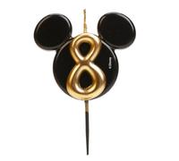dekora - Vela de Cumpleaños de Mickey Mouse - Velas de Disney - Cera de Parafina sin Fragancia - Velas para Niños con Orejas de Mickey Mouse Negro y Dorado - Tamaño 8,5 cm - Número 8