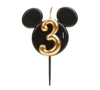 dekora - Vela de Cumpleaños de Mickey Mouse - Velas de Disney - Cera de Parafina sin Fragancia - Velas para Niños con Orejas de Mickey Mouse Negro y Dorado - Tamaño 8,5 cm - Número 3
