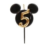 dekora - Vela de Cumpleaños de Mickey Mouse - Velas de Disney - Cera de Parafina sin Fragancia - Velas para Niños con Orejas de Mickey Mouse Negro y Dorado - Tamaño 8,5 cm - Número 5