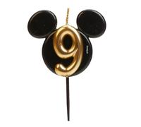 dekora - Vela de Cumpleaños de Mickey Mouse - Velas de Disney - Cera de Parafina sin Fragancia - Velas para Niños con Orejas de Mickey Mouse Negro y Dorado - Tamaño 8,5 cm - Número 9