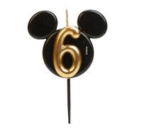 dekora - Vela de Cumpleaños de Mickey Mouse - Velas de Disney - Cera de Parafina sin Fragancia - Velas para Niños con Orejas de Mickey Mouse Negro y Dorado - Tamaño 8,5 cm - Número 6