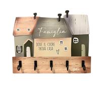 DEKORI Perchero de pared de madera Country - 5 ganchos de metal - Decoración casa entrada - Montaje con tornillos o adhesivo de doble cara - Made in Italy - "Familia"