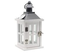 Dekovita 27cm Farol de Madera Blanco - Linterna de Jardín con Ventana de Cristal y Asa - Deco Vela Lámpara