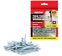 DEKTON 40 tornillos Pozi avellanados de doble rosca de 4 x 75 mm, chapados en zinc brillante, duraderos y de alto rendimiento, ideales para bricolaje, carpintería y construcción