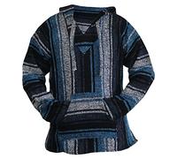 Del Mex Mexican Baja Sudadera con capucha Hippie Surf Poncho Suéter Sudadera Jerga, Azul/Gris, L