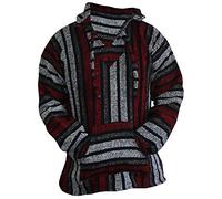 Del Mex Mexican Baja Sudadera con capucha Hippie Surf Poncho Suéter Sudadera Jerga, Rojo/gris, L