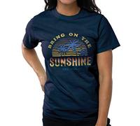 DEL SOL Camiseta Boyfriend para mujer, con texto "Bring on The Sunshine", color índigo, cambia de blanco a colores vibrantes bajo el sol, 100% algodón peinado hilado en anillo, jersey fino, talla M