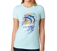 Del Sol Camiseta de alta calidad para mujer, diseño de delfín de acuarela, azul hielo, cambia de azul a colores vibrantes en el sol, 60% algodón peinado, 40% poliéster, talla 2XL