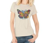 Del Sol Camiseta de novio para mujer - Mariposa floral, camiseta natural - Cambia de azul a colores vibrantes en el sol - 100% algodón peinado, hilado en anillo, jersey fino - Talla L