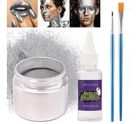 DE'LANCI Juego de pintura facial metálica plateada, polvo de cromo 13 g con 30 ml de líquido mezclado, 2 pinceles