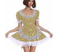 Delantal Con Ribete De Encaje, Disfraz De Cosplay De Lolita, Minivestido De Corte A, Vestidos Plisados de Manga Corta De PVC,Marron Oscuro,7XL